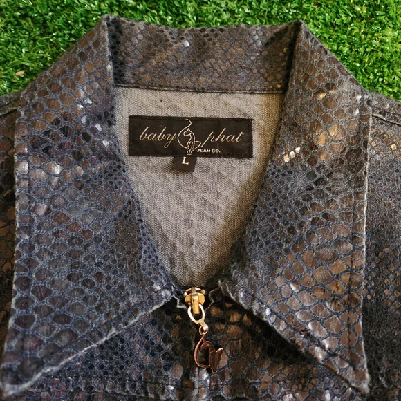 Y2k Baby Phat Blue Python-Print Leather Jacket - Picture 3 of 6